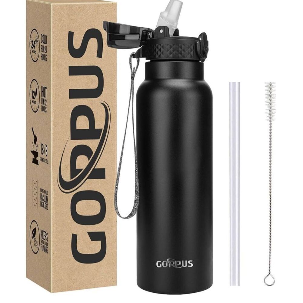 NEW 24 oz Insulated Double Wall Vacuum Water Bottle Straw Stainless Steel